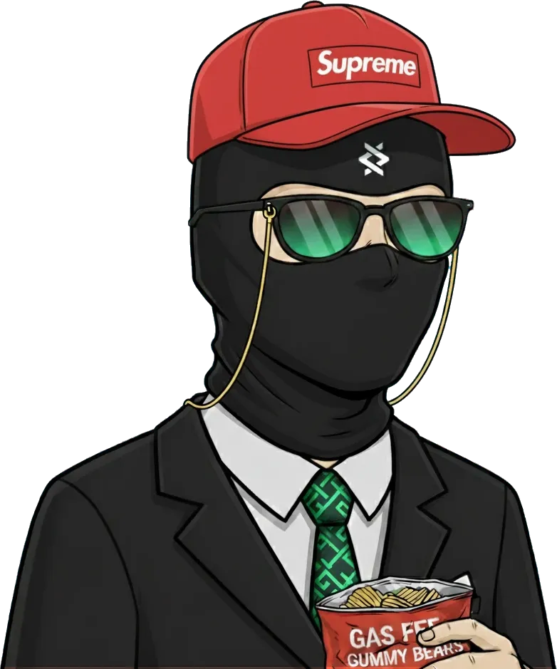 Degen: black balaclava, red cap, green-tinted shades, black suit, holding a bag of Gas Fee Gummy Bears.